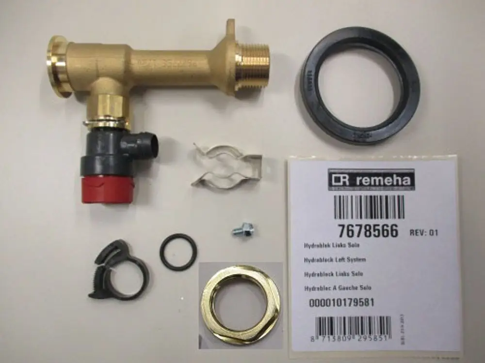 Verschiedene Komponenten eines Hydroblocks, darunter ein bis zum Teil sichtbarer Anschluss, O-Ringe und eine Montageanleitung von Remeha.